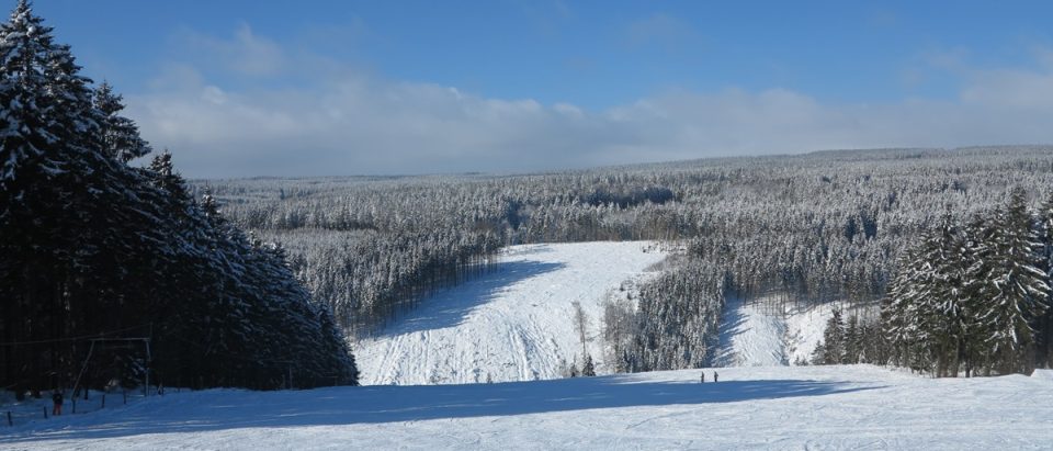 Une piste de ski enneigée descend entre les sapins couverts de neige des Hautes Fagnes, sous un ciel bleu.
